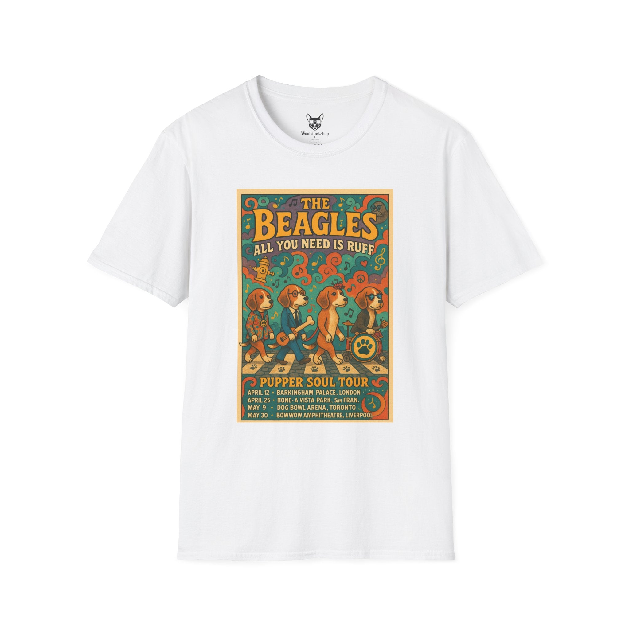 The Beatles Concert Poster Dog Parody Unisex Softstyle T-Shirt -- Funny Dog Concert Tee for Music and Dog Lovers